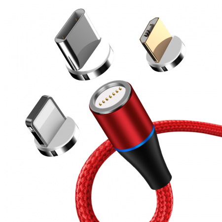 Cablu de incarcare rapida si transfer de date 7pini, 3A magnetic RiKbo® 3 in 1 Lightning, Type-C , micro-USB rotatie 360 grade, Rosu [1]