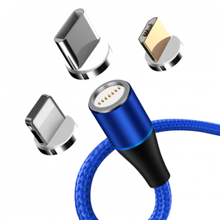 Cablu de incarcare rapida si transfer de date 7pini, 3A magnetic RiKbo® 3 in 1 Lightning, Type-C , micro-USB rotatie 360 grade, Albastru [1]