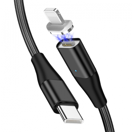 Cablu Fast Charge 2 in 1 UsbC - 2 x Lightning 20W, 14pini, Magnetic, RikBo® compatibil Iphone 12, 11, X, 8, transfer de date,1 metru, Negru [1]