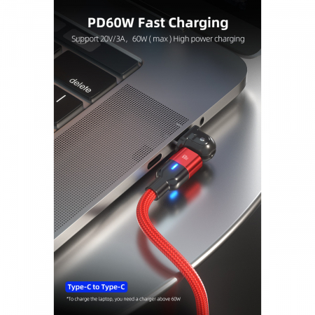 Cablu de incarcare si transfer de date Super Fast Charge 60W, 2 in 1 UsbA - UsbC la Usb typeC rotatie 180 grade, RikBo® compatibil Macbook, Android, Indicator LED, Lungime 2 metri, Rosu [3]