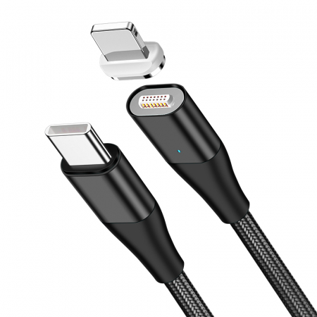Cablu Fast Charge 2 in 1 UsbC - 2 x Lightning 20W, 14pini, Magnetic, RikBo® compatibil Iphone 12, 11, X, 8, transfer de date,1 metru, Negru [2]