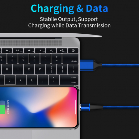 Cablu de incarcare rapida si transfer de date 7pini, 3A magnetic RiKbo® 3 in 1 Lightning, Type-C , micro-USB rotatie 360 grade, Albastru [5]