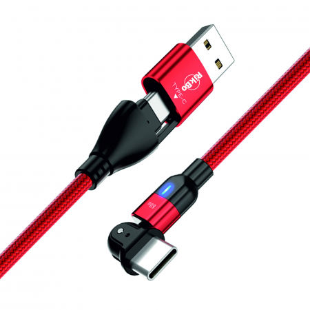 Cablu de incarcare si transfer de date Super Fast Charge 60W, 2 in 1 UsbA - UsbC la Usb typeC rotatie 180 grade, RikBo® compatibil Macbook, Android, Indicator LED, Lungime 2 metri, Rosu [5]