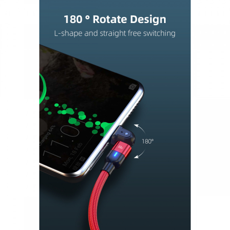 Cablu de incarcare si transfer de date Super Fast Charge 60W, 2 in 1 UsbA - UsbC la Usb typeC rotatie 180 grade, RikBo® compatibil Macbook, Android, Indicator LED, Lungime 2 metri, Rosu [7]