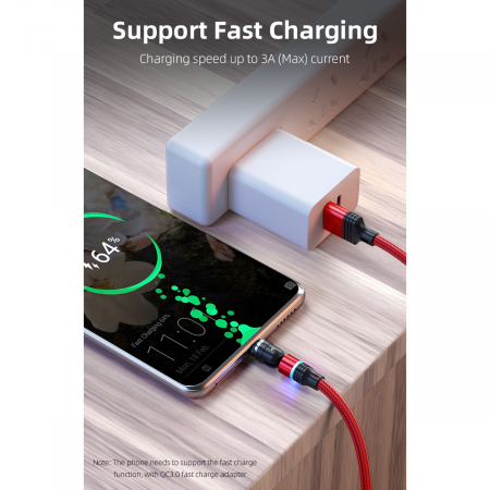 ​​​​​​​Cablu de incarcare rapida si transfer de date 5 pini,3.5mm, 3A, magnetic,  3 in 1 Lightning, Type-C , micro-USB,Led Circular, rotatie 540 grade, 1 metru, Rosu [4]