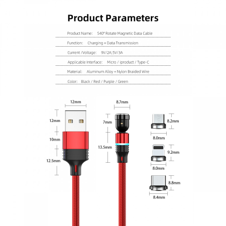 ​​​​​​​Cablu de incarcare rapida si transfer de date 5 pini,3.5mm, 3A, magnetic,  3 in 1 Lightning, Type-C , micro-USB,Led Circular, rotatie 540 grade, 1 metru, Rosu [3]