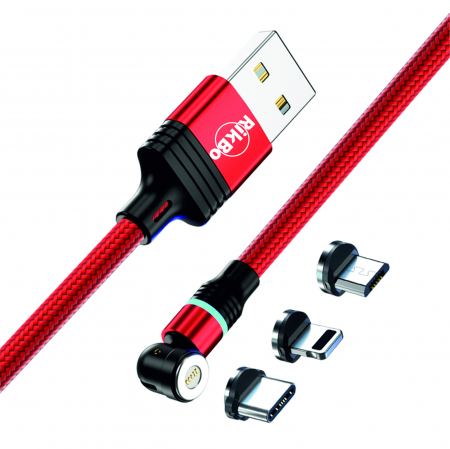 ​​​​​​​Cablu de incarcare rapida si transfer de date 5 pini,3.5mm, 3A, magnetic,  3 in 1 Lightning, Type-C , micro-USB,Led Circular, rotatie 540 grade, 1 metru, Rosu [1]