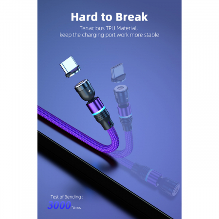 ​​​​​​​Cablu de incarcare rapida si transfer de date 5 pini,3.5mm, 3A, magnetic,  3 in 1 Lightning, Type-C , micro-USB,Led Circular, rotatie 540 grade, 2 metri, Violet [1]