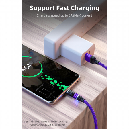 ​​​​​​​Cablu de incarcare rapida si transfer de date 5 pini,3.5mm, 3A, magnetic,  3 in 1 Lightning, Type-C , micro-USB,Led Circular, rotatie 540 grade, 2 metri, Violet [5]