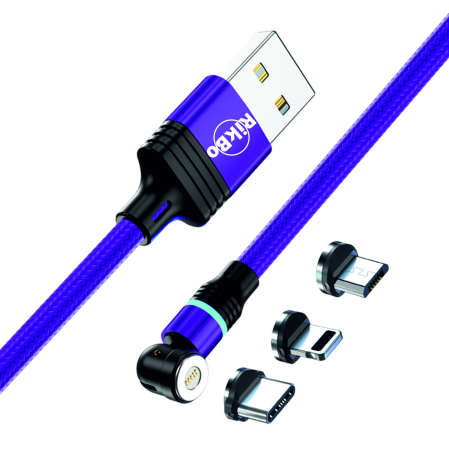 ​​​​​​​Cablu de incarcare rapida si transfer de date 5 pini,3.5mm, 3A, magnetic,  3 in 1 Lightning, Type-C , micro-USB,Led Circular, rotatie 540 grade, 2 metri, Violet [4]