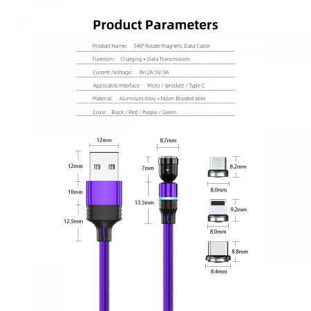 ​​​​​​​Cablu de incarcare rapida si transfer de date 5 pini,3.5mm, 3A, magnetic,  3 in 1 Lightning, Type-C , micro-USB,Led Circular, rotatie 540 grade, 2 metri, Violet [8]