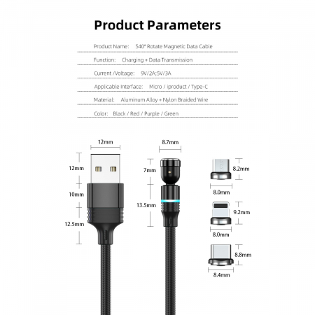 ​​​​​​​Cablu de incarcare rapida si transfer de date 5 pini,3.5mm, 3A, magnetic,  3 in 1 Lightning, Type-C , micro-USB,Led Circular, rotatie 540 grade, 2 metri , Negru [4]