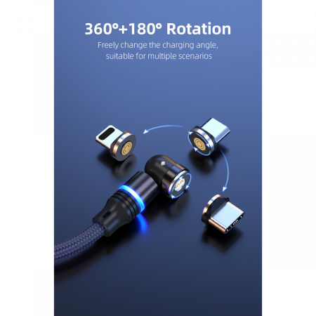 ​​​​​​​Cablu de incarcare rapida si transfer de date 5 pini,3.5mm, 3A, magnetic,  3 in 1 Lightning, Type-C , micro-USB,Led Circular, rotatie 540 grade, 2 metri , Negru [7]