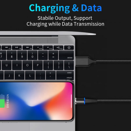 Cablu de incarcare rapida si transfer de date 7pini, 3A magnetic RiKbo® 3 in 1 Lightning, Type-C , micro-USB rotatie 360 grade, Negru [2]