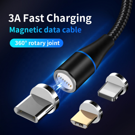 Cablu de incarcare rapida si transfer de date 7pini, 3A magnetic RiKbo® 3 in 1 Lightning, Type-C , micro-USB rotatie 360 grade, Negru [4]