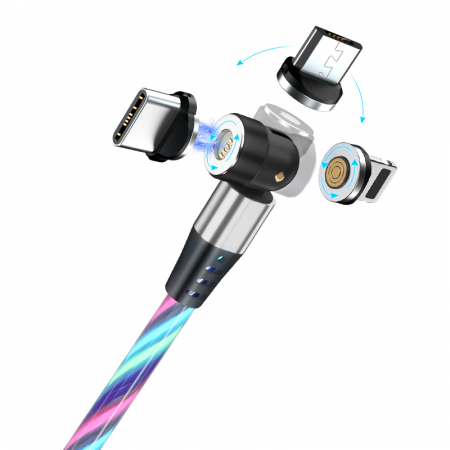 Cablu de incarcare rapida si transfer de date cu iluminare LED, 5pini, 3A magnetic RiKbo® 3 in 1 Lightning, Type-C , micro-USB rotatie 540 grade, 1 metru, Multicolor Alb [2]
