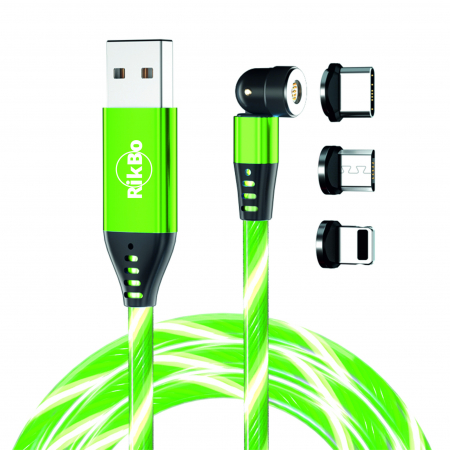 Cabluri de date telefoane - Cablu de incarcare rapida si transfer de date cu iluminare LED, 5pini, 3A magnetic RiKbo® 3 in 1 Lightning, Type-C , micro-USB rotatie 540 grade, Lungime 1 metru Verde