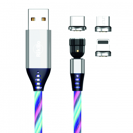 Cablu de incarcare rapida si transfer de date cu iluminare LED, 5pini, 3A magnetic RiKbo® 3 in 1 Lightning, Type-C , micro-USB rotatie 540 grade, 1 metru, Multicolor Alb [1]