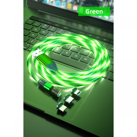 Cablu de incarcare rapida si transfer de date cu iluminare LED, 5pini, 3A magnetic RiKbo® 3 in 1 Lightning, Type-C , micro-USB rotatie 540 grade, Lungime 1 metru Verde [3]