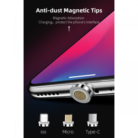 Cablu de incarcare si transfer de date, Fast Charge 3A,7 pini, Magnetic 3 in 1, rotatie 360 grade, Lightning, Type-C , Micro-USB RikBo® compatibil Iphone Android, Indicator LED, 1 metru Negru [5]