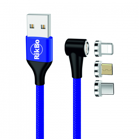 Cabluri de date telefoane - Cablu de incarcare si transfer de date, Fast Charge 3A,7 pini, Magnetic 3 in 1, rotatie 360 grade, Lightning, Type-C , Micro-USB RikBo® compatibil Iphone Android, Indicator LED, 1 metru Albastru