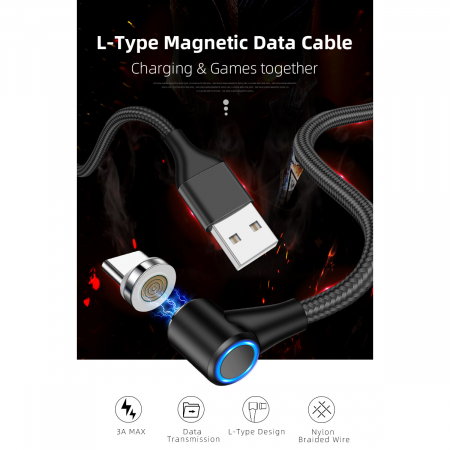 Cablu de incarcare si transfer de date, Fast Charge 3A,7 pini, Magnetic 3 in 1, rotatie 360 grade, Lightning, Type-C , Micro-USB RikBo® compatibil Iphone Android, Indicator LED, 1 metru Negru [4]
