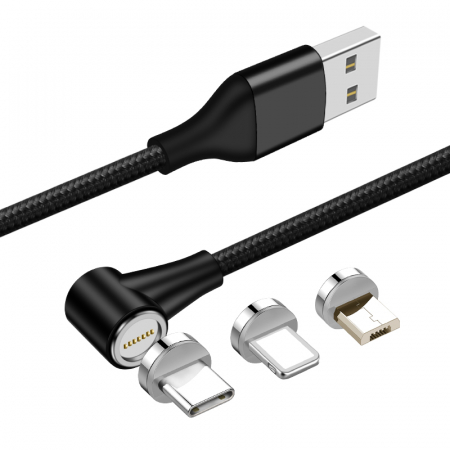Cablu de incarcare si transfer de date, Fast Charge 3A,7 pini, Magnetic 3 in 1, rotatie 360 grade, Lightning, Type-C , Micro-USB RikBo® compatibil Iphone Android, Indicator LED, 1 metru Negru [1]