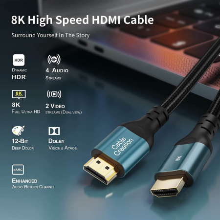 Cablu HDMI 2.1 tata-tata,  Certificat, CableCreation®, 8K@60HZ,  4K/2K@120Hz, HDCP 2.2, eARC, Aurora Blue [1]