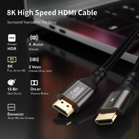 Cablu HDMI 2.1 tata-tata,  Certificat, CableCreation®, 8K@60HZ,  4K/2K@120Hz, HDCP 2.2, eARC, Gri [1]