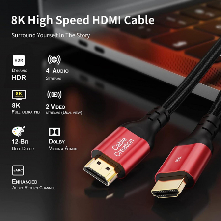 Cablu HDMI 2.1 tata-tata,  Certificat, CableCreation®, 8K@60HZ,  4K/2K@120Hz, HDCP 2.2, eARC, Rosu [2]