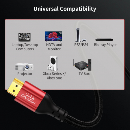 Cablu HDMI 2.1 tata-tata,  Certificat, CableCreation®, 8K@60HZ,  4K/2K@120Hz, HDCP 2.2, eARC, Rosu [4]