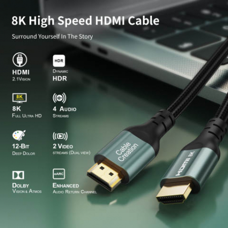 Cablu HDMI 2.1 tata-tata,  Certificat, CableCreation®, 8K@60HZ,  4K/2K@120Hz, HDR, HDCP 2.2, eARC, Verde [2]