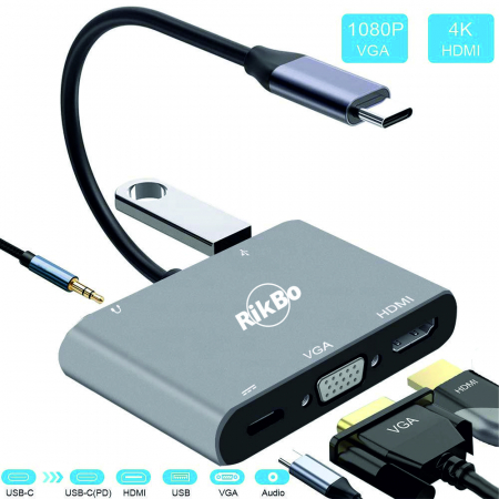 Hub USBC 5 in 1 RikBo® USB Type-C la 1 x USB-C - Power Delivery, 1 x USB 3.0, 1 x 4K HDMI, 1 x VGA, 1 x AUX [1]