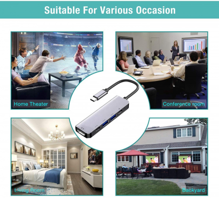 Hub USBC 5 in 1 RikBo® USB Type-C la 1 x USB-C - Power Delivery, 1 x 4K HDMI, 2 x USB 3.0, 1 x USB type-C Data Port [5]