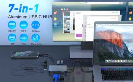 Hub USBC 7 in 1 RikBo®, 1x 4k HDMI, 2 x USB3.0 , 1 x VGA Port, 1x TypeC Data Port, 1 x AUX Port, 1x DC Port 5Vx1A [4]