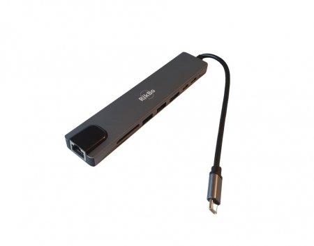 Hub USBC 8 in 1 RikBo® USB Type-C la 1 x USB-C - Power Delivery, 1 x USB 3.1 Type C, 2 x USB 3.0, 1 x 4K HDMI, 1 RJ45 10M/100M Ethernet, 1 x SD Card, 1 x TF Card slot [7]