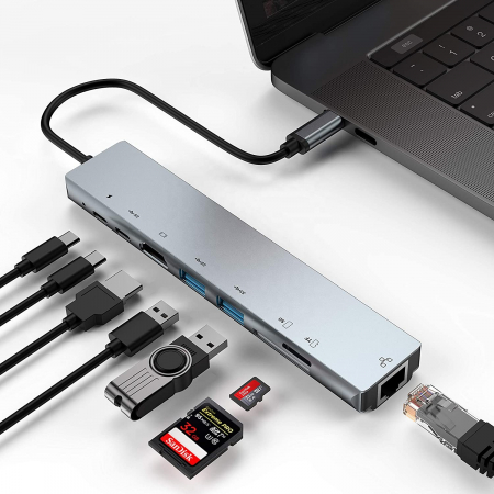 Hub USBC 8 in 1 RikBo® USB Type-C la 1 x USB-C - Power Delivery, 1 x USB 3.1 Type C, 2 x USB 3.0, 1 x 4K HDMI, 1 RJ45 10M/100M Ethernet, 1 x SD Card, 1 x TF Card slot [2]