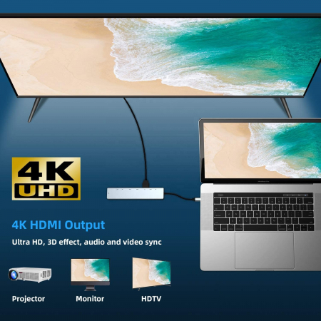 Hub USBC 8 in 1 RikBo® USB Type-C la 1 x USB-C - Power Delivery, 1 x USB 3.1 Type C, 2 x USB 3.0, 1 x 4K HDMI, 1 RJ45 10M/100M Ethernet, 1 x SD Card, 1 x TF Card slot [3]