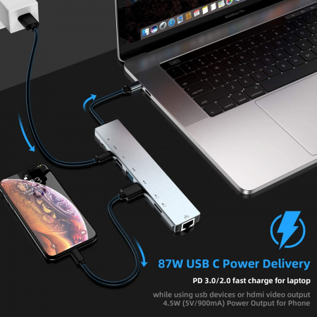 Hub USBC 8 in 1 RikBo® USB Type-C la 1 x USB-C - Power Delivery, 1 x USB 3.1 Type C, 2 x USB 3.0, 1 x 4K HDMI, 1 RJ45 10M/100M Ethernet, 1 x SD Card, 1 x TF Card slot [6]