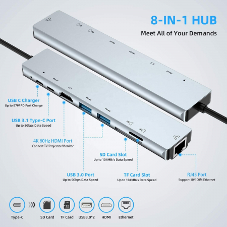 Hub USBC 8 in 1 RikBo® USB Type-C la 1 x USB-C - Power Delivery, 1 x USB 3.1 Type C, 2 x USB 3.0, 1 x 4K HDMI, 1 RJ45 10M/100M Ethernet, 1 x SD Card, 1 x TF Card slot [5]