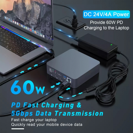 Docking Station USBC 18 porturi 100W, RikBo®, 1 x 1000Mbps Gigabit Ethernet, 2 x 4K HDMI, 1 x DisplayPort, 2 x USB2.0, 3 x USBC 3.0 5Gbps, 3 x USB3.0 5Gbps, 1 x Jack & Mic, 1 x TF card, 1 x SD card, 1 [4]