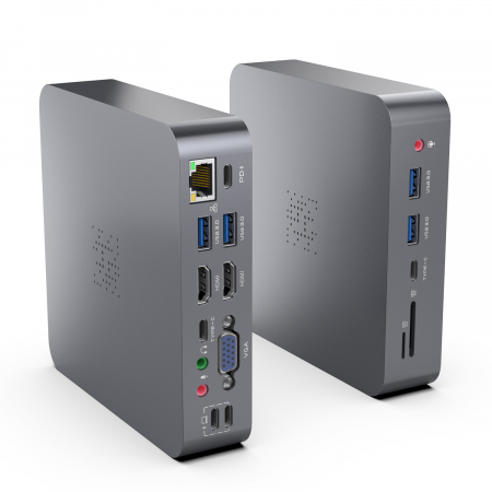 Docking Stations/ Hub-uri USB - Hub USBC Adaptor 16 in 2, RikBo®, 1x Gigabit Ethernet, 2 x 4K HDMI, 1 x VGA, 4 x USB3.0 , 2x TypeC Data Port, 1 x TypeC PD port, 1 x Mic, 1 x Audio Jack, 1 x Jack si Mic, 1 x TF card , 1 x SD card Com