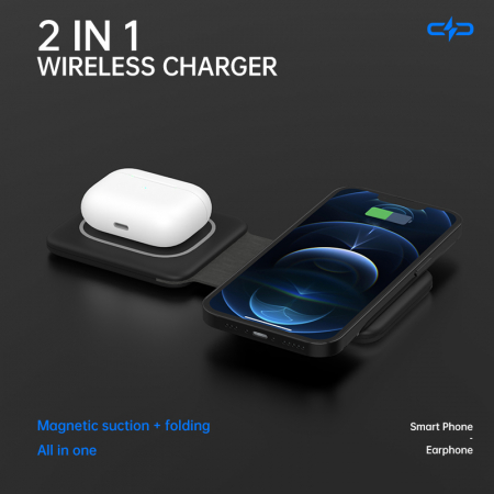Incarcator Wireless Magsafe 2 in 1, Magsafe Duo, FastCharge 15W, Statie de incarcare Magsafe Duo, compatibil cu Iphone, Samsung, Huawei, Oppo, Xiaomi, Airpods Pro, Galaxy Buds, TWS, Negru [1]