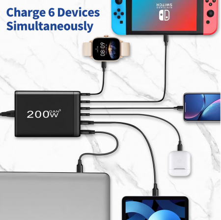 Statie de incarcare 200W GaN 6 Porturi QC2.0, QC3.0, PD, PD 3.0 Incarcare rapida USB Type-C pentru Smartphone, MacBook Pro, Laptop, iPad, Samsung Galaxy, iPhone, RiKbo® [2]