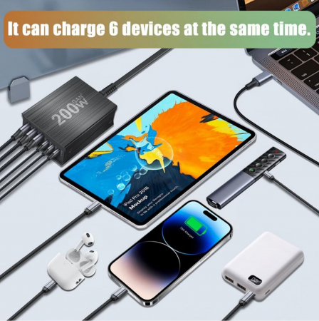 Statie de incarcare 200W GaN3 6 Porturi, 3x USBC, 3 x USBA PD 3.0, QC2.0, QC3.0, PD, Incarcare rapida USB Type-C pentru Smartphone, MacBook Pro, Laptop, iPad, Samsung Galaxy, iPhone, RiKbo® [3]