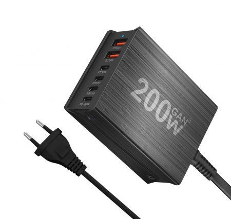 Statii de Incarcare Laptop & Telefon - Statie de incarcare 200W GaN3 6 Porturi, 4x USBC, 2 x USBA PD 3.0, QC3.0, QC2.0, PD, Incarcare rapida USB Type-C pentru Smartphone, MacBook Pro, Laptop, iPad, Samsung Galaxy, iPhone, RiKbo®
