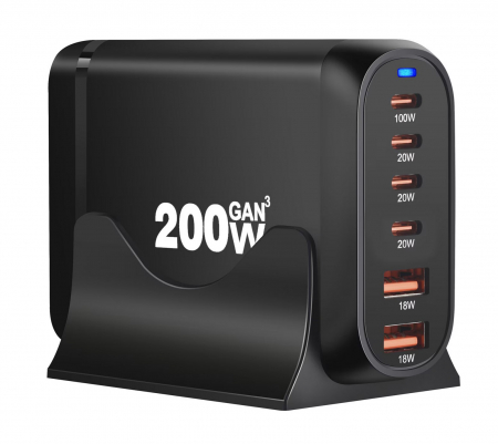 Statii de Incarcare Laptop & Telefon - Statie de incarcare 200W GaN3 6 Porturi PD 3.0, QC2.0, QC3.0, PD, Incarcare rapida USB Type-C pentru Smartphone, Laptop, Samsung Galaxy, RiKbo®