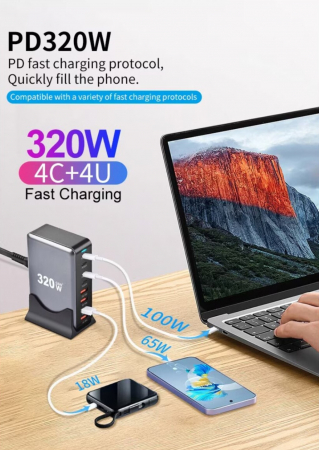 Statie de incarcare 320W GaN 8 Porturi QC2.0, QC3.0, PD, PD 3.0 Incarcare rapida USB Type-C pentru Smartphone, Laptop, Samsung Galaxy, RiKbo® [6]
