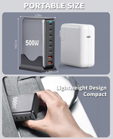 Statie de incarcare 500W GaN3 8 Porturi 2x 100W USB-C PD 3.0, 4 X 65W USB-C PD 3.0, 2 x 20W USB QC3.0, Incarcare rapida USB Type-C pentru Smartphone, Laptop, Samsung Galaxy, Apple Universal RiKbo® [7]
