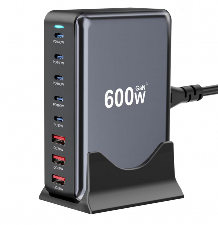 Statii de Incarcare Laptop & Telefon - Statie de incarcare 600W GaN3 8 in 1, Fast Charging, USB-C & USB-A, PD 140W, QC 30W, QC3.0, PD Incarcare rapida USB Type-C pentru Smartphone, Laptop, Samsung Galaxy, Apple Universal RiKbo®